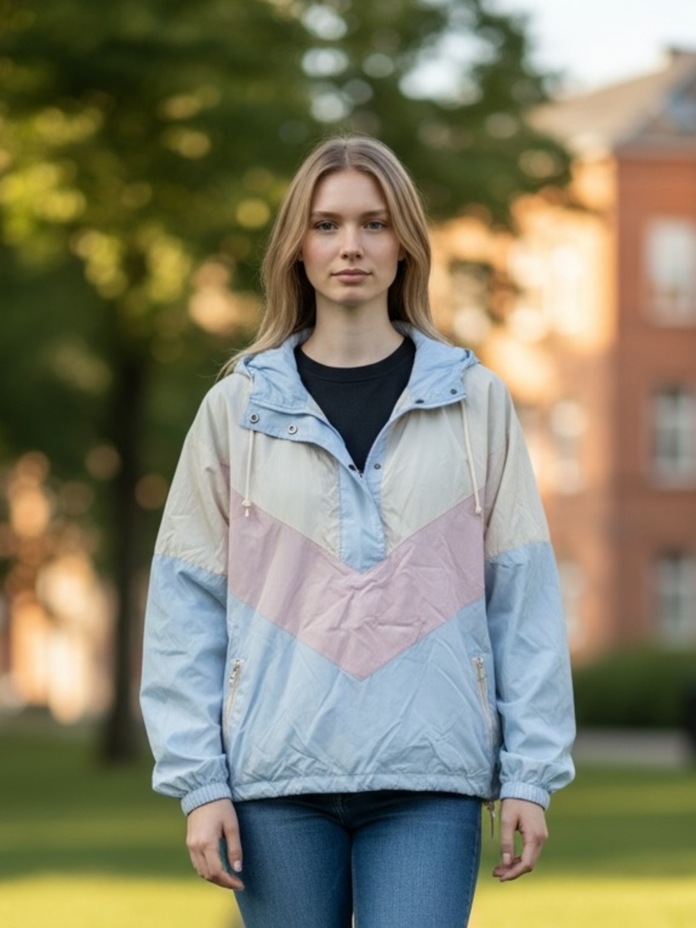 American Eagle Outfitters Light Blue, Cream & Pink Colorblock Bomber Jacket